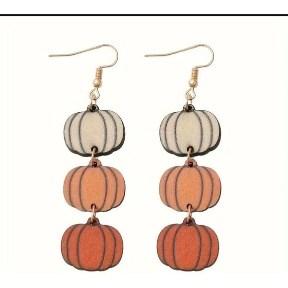 Jewelry - New Three Pumpkins 2 Inch Dangling Drop Wooden Earring Fall Halloween